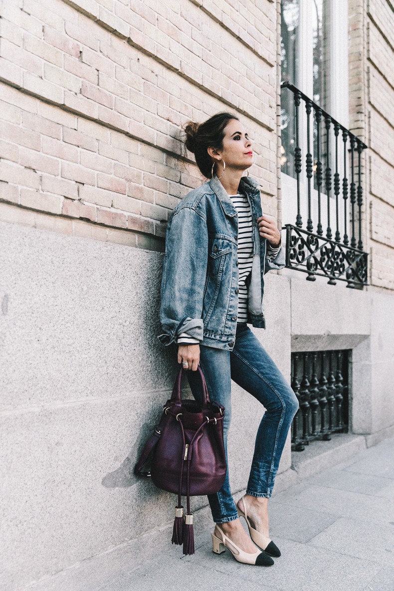 Double Denim-Levis Vintage-Skinny Jeans-Striped Top-See By Chloe Bag-Chanel Shoes-Outfit-Collage Vintage-Street Style-6-790x1185