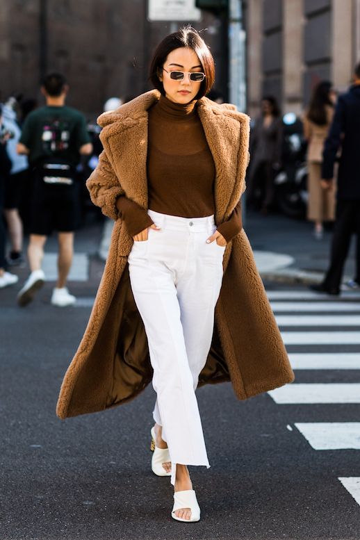 Le-Fashion-Blog-Sunglasses-Brown-Long-Teddy-Coat-Brown-Turtleneck-White-Pants-White-Sandals-Via-Sandra-Semburg